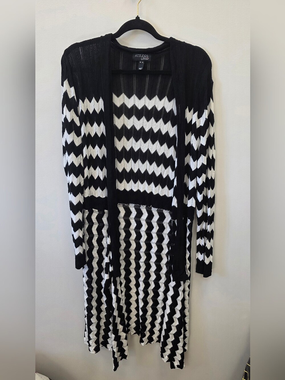 Attitudes by Renee XL Black White Chevron Knit Maxi Cardigan Open Front Duster